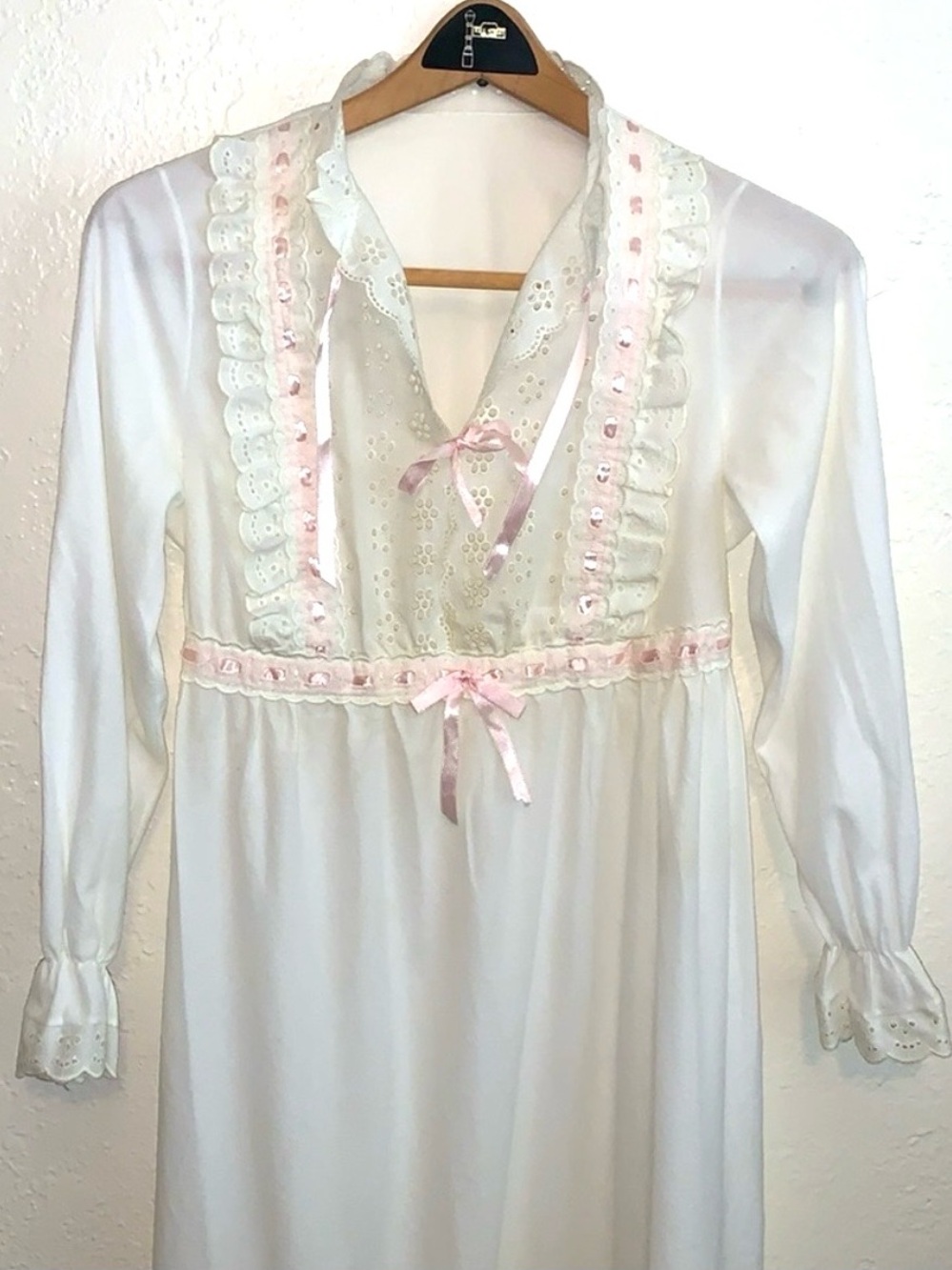 Vintage 70s Sears Eyelet Coquette Prairie Maxi Dress S Pink Ribbon